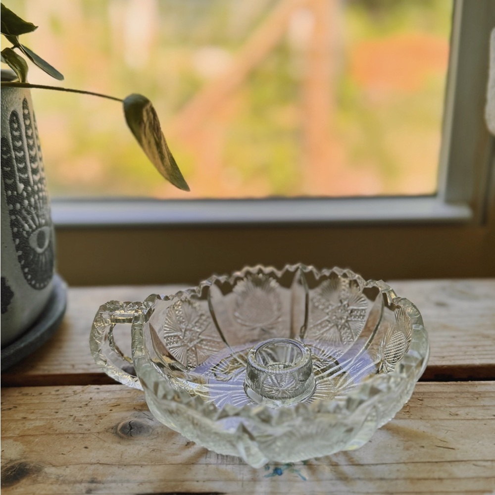Antique John Bryce Higbee Delta Paneled Canadian Thistle Handled Candleholder